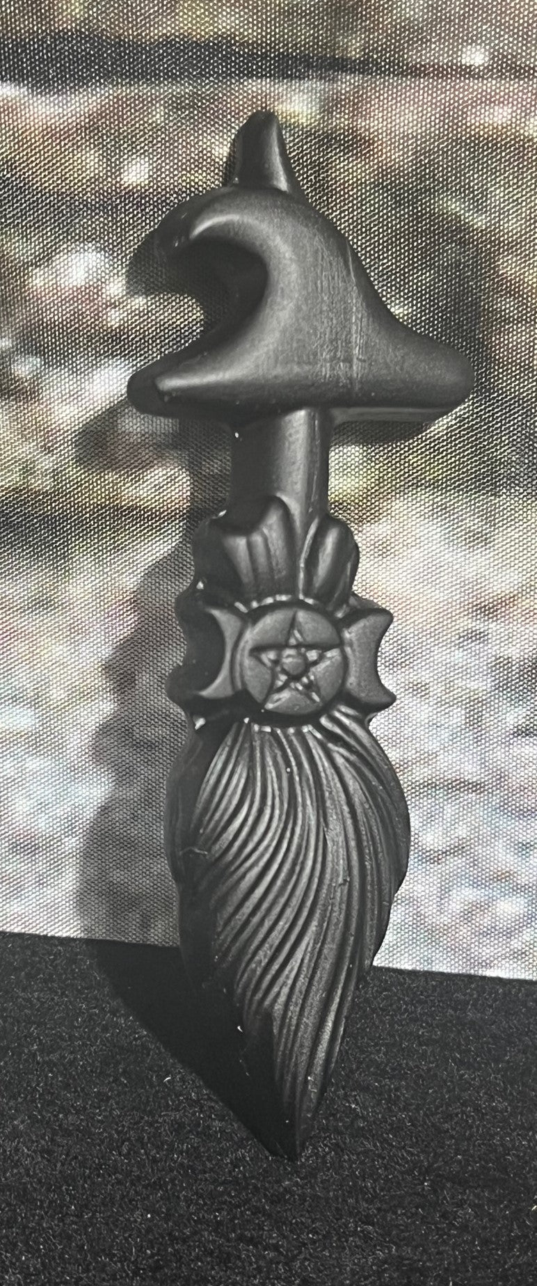 Witches broom and hat stone/crystal carving