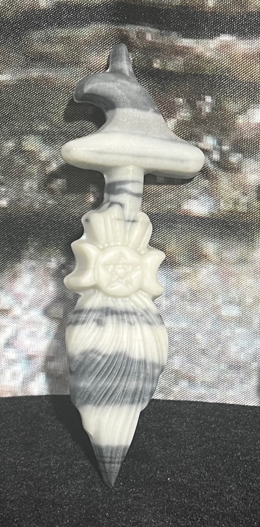 Witches broom and hat stone/crystal carving
