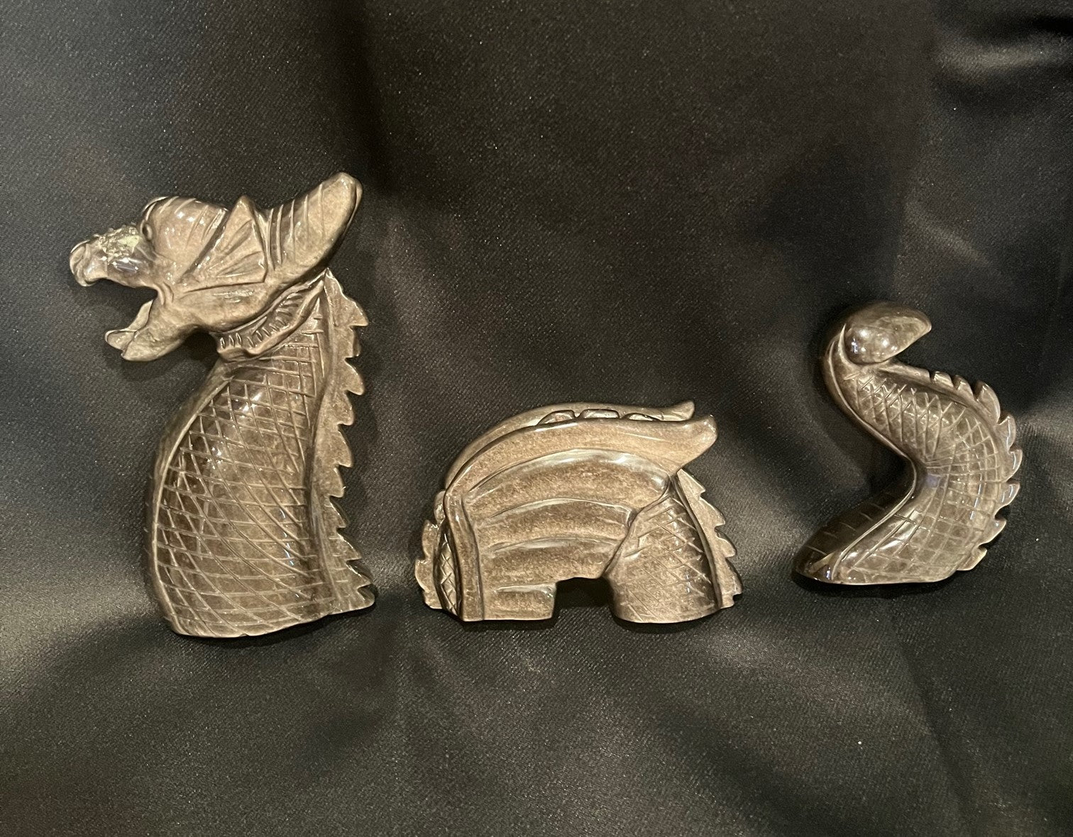 Silver Obsidian dragon 3pc (head,body,tail) crystal/stone carving