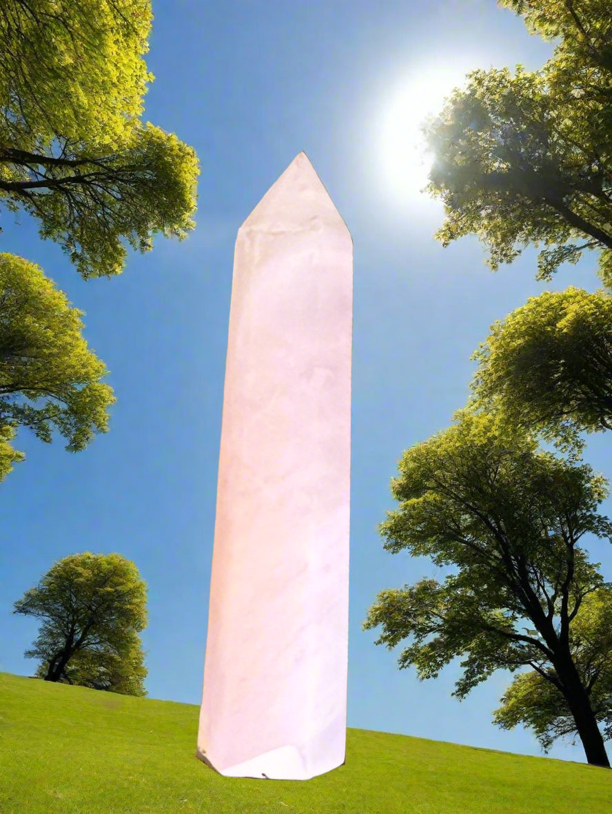 Pink crystal obelisk on a textured brown surface