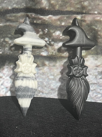 Witches broom and hat stone/crystal carving